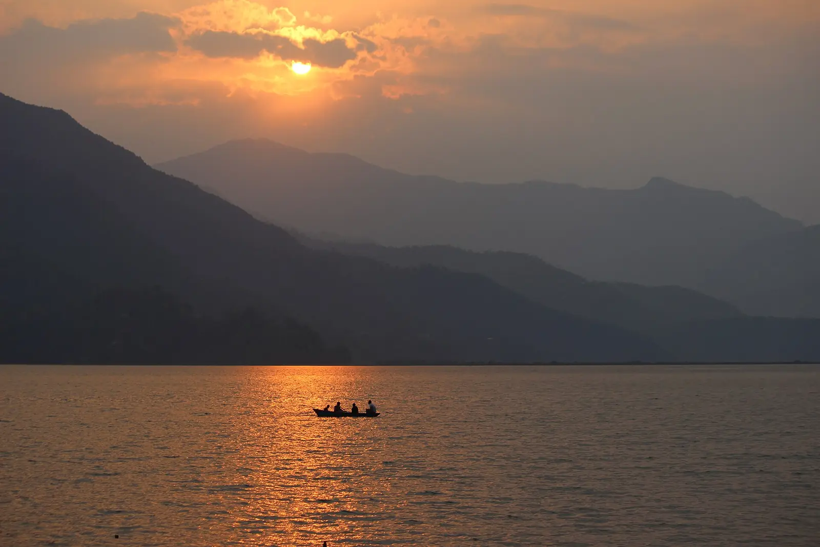 Sunset over Phewa Lake in Pokhara, Nepal